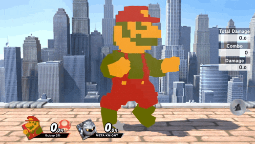 a screenshot of a video game with mario and meta knight