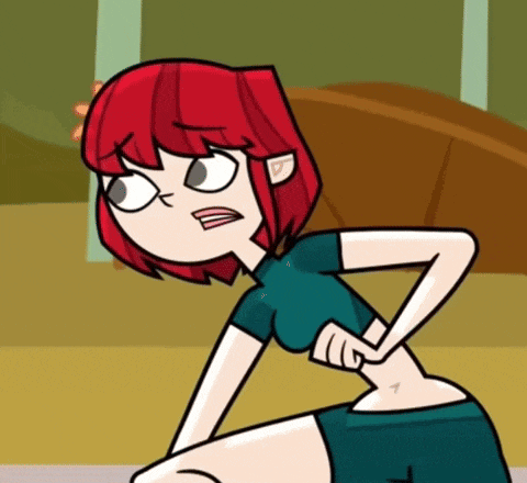 a cartoon girl with red hair is kneeling down and holding her stomach