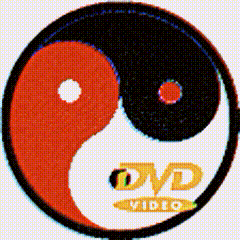 a dvd video logo with a red and black yin yang