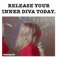 a woman singing into a microphone with a caption that says release your inner diva today