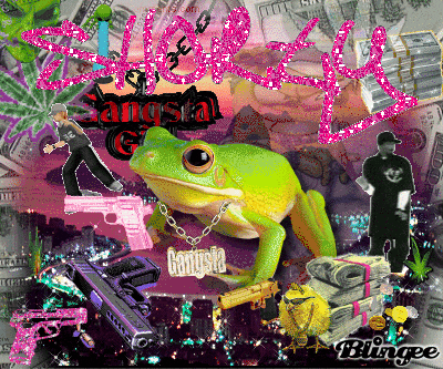 a frog wearing a gangsta necklace is surrounded by money and guns