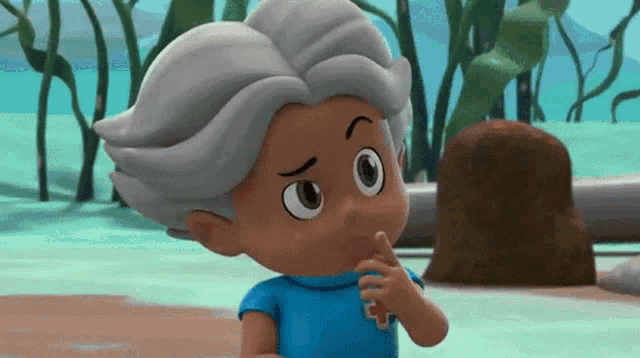 a cartoon character with gray hair and a blue shirt with a red cross on it