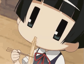 a girl is eating noodles with chopsticks and making a funny face