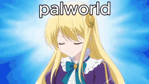 a girl with long blonde hair is wearing a purple dress and a bow tie and the word palworld is written above her