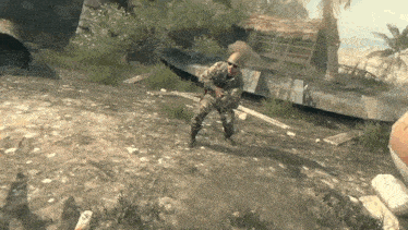 a soldier in a video game is standing in front of a boat with the letter k on it