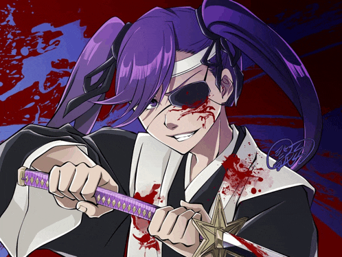 a purple haired anime character is holding a sword with a star on it
