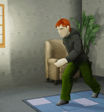 a man with red hair is standing in a room with a chair and a plant