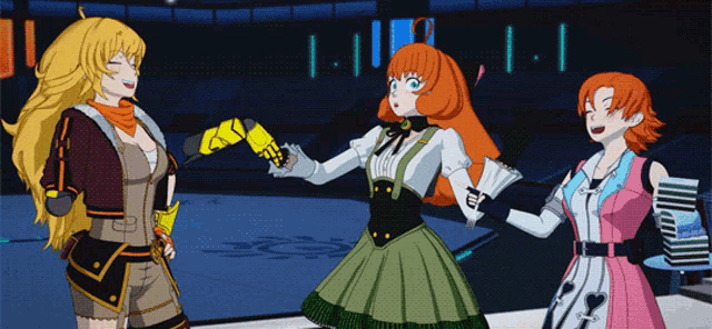 three anime characters are standing next to each other with one holding a yellow object