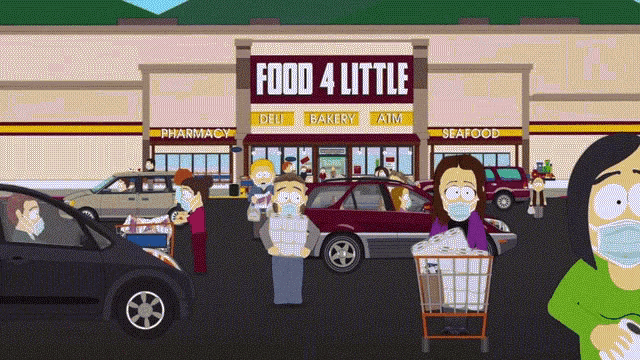 a cartoon drawing of people wearing masks in front of a food 4 little store