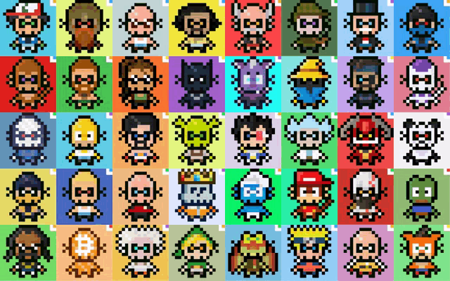 a grid of pixel art characters with the letter l on the bottom left
