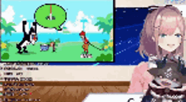 a girl is sitting in front of a tv with a cartoon on it