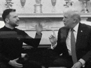 a man in a suit and tie is sitting next to a man in a black shirt and tie .