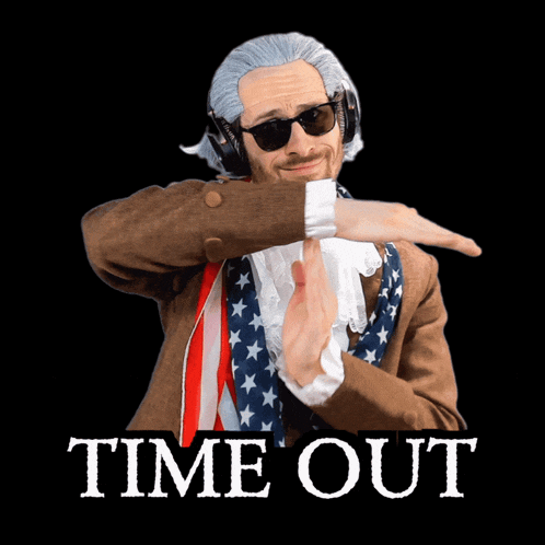 a man in a costume with headphones and sunglasses has the word time out above him