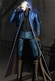 a man in a blue coat and black boots is standing in front of a wall .