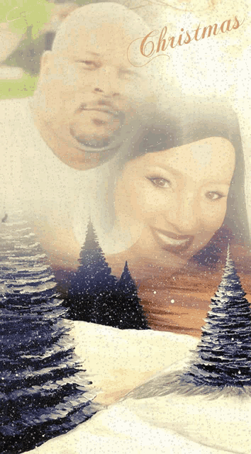 a christmas card with a man and a woman and christmas trees