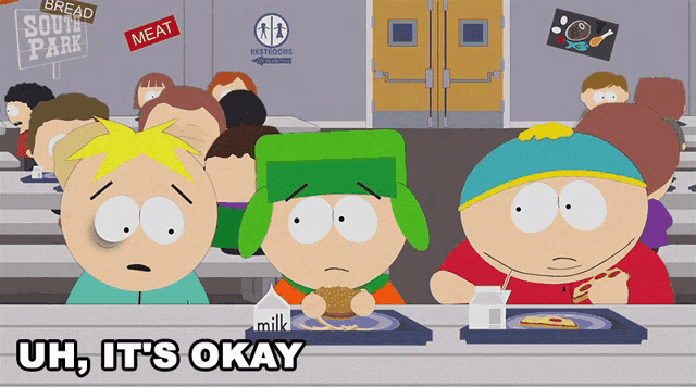a group of south park characters are sitting at a table eating
