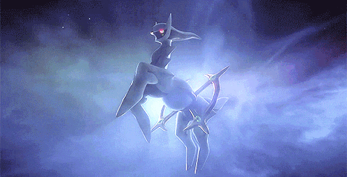 a pokemon with red eyes is flying through the air in a dark sky .