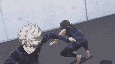 a couple of anime characters one of which has the letter x on their pants