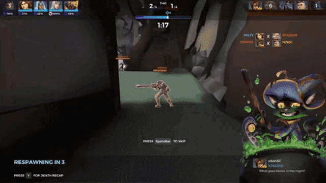 a screen shot of a video game with the words respawning in 3 on the bottom
