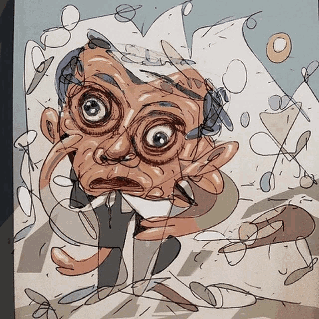 a drawing of a man 's face is surrounded by papers