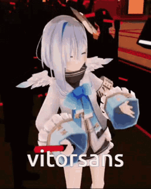 a girl with wings is holding a bottle of water and the word vitorsans is on the bottom right