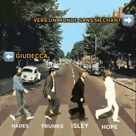 a poster showing the beatles walking across a street with the words " vers un monde sans mechant " above them