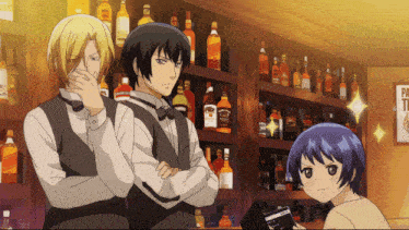 three anime characters are standing in front of a shelf full of liquor bottles including jack daniel 's