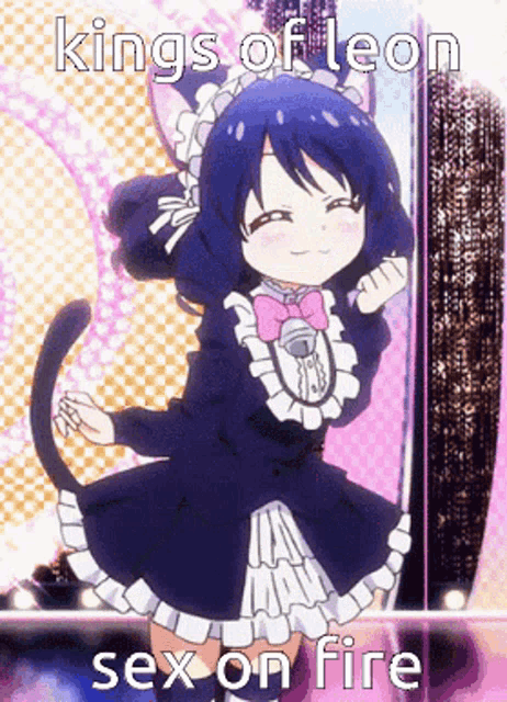 a picture of a girl in a maid outfit that says kings of leon