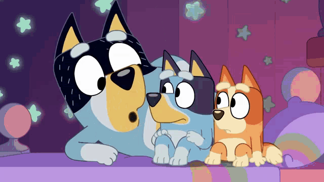 a couple of cartoon dogs laying on a bed with a surprised look on their faces