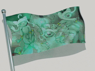 a flag with a picture of a group of frogs on it is waving in the wind