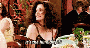 a woman is sitting at a table and says it 's the humidity !!!