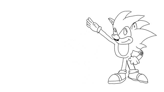 a black and white drawing of sonic the hedgehog with a cube in the background