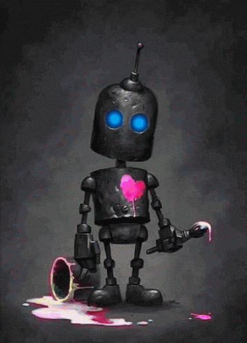a black robot with blue eyes holding a brush