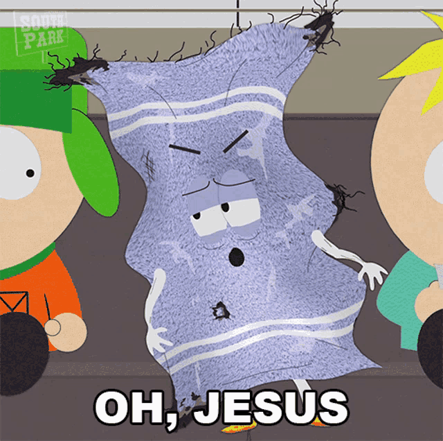 a cartoon of a towel with the words oh jesus on the bottom