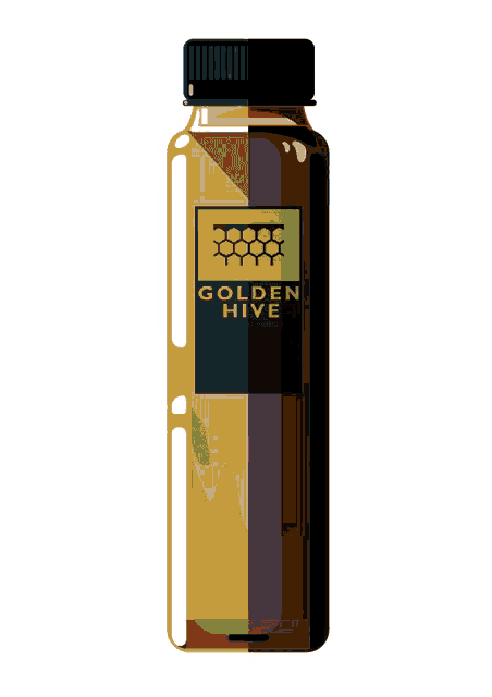 a bottle of golden hive has a black label on it