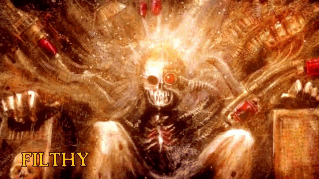 a painting of a skeleton with the word filthy written below it
