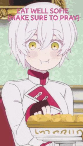 a girl with white hair and yellow eyes is standing in front of a tray of food and says eat well sofie make sure to pray