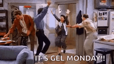 a group of people are jumping in the air in a living room with the words `` it 's gel monday ! ''