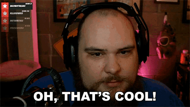 a bald man with a beard wearing headphones says oh that 's cool