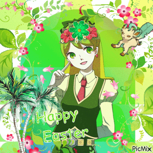 a picture of a girl with flowers on her head and the words happy easter