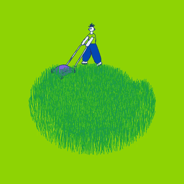 a cartoon drawing of a man mowing the grass with a lawn mower