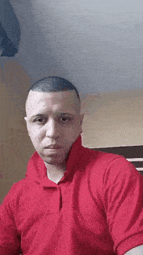 a man wearing a red polo shirt is looking at the camera