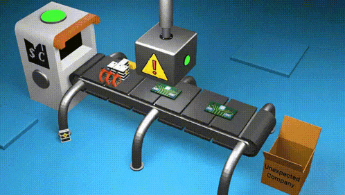 a conveyor belt has a box that says unexpected company on it