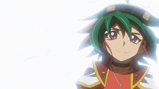 a cartoon character with a red shirt and green hair has a necklace around her neck
