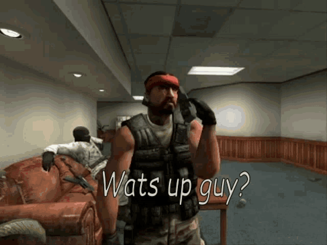 a man in a video game talking on a cell phone with the words wats up guy