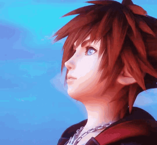 a close up of sora from kingdom hearts looking up