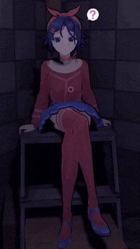 a girl is sitting on a stool with a question mark on her head
