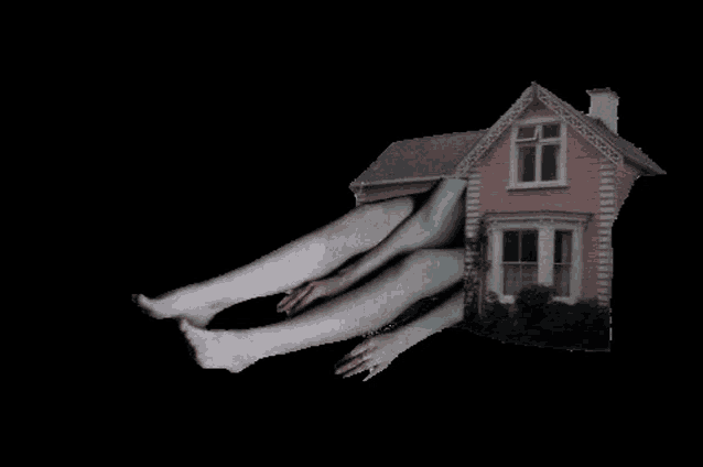 a picture of a house with a person 's legs coming out of it