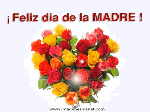 a bouquet of roses in the shape of a heart with the words feliz dia de la madre below it
