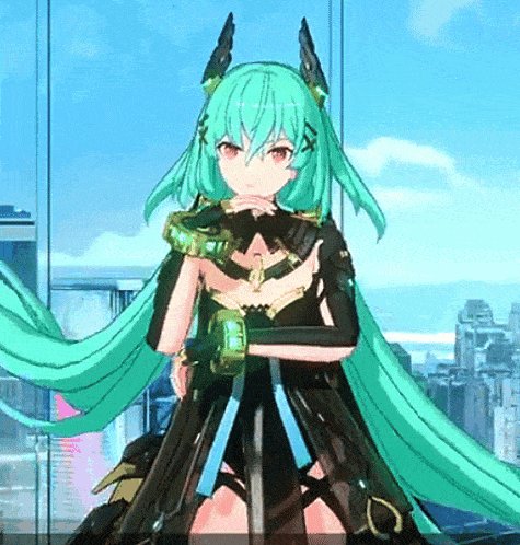 a girl with long green hair and horns is holding a sword